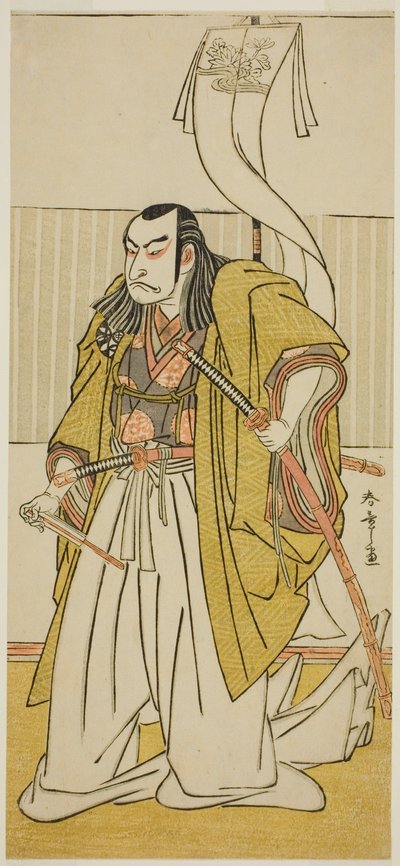 El actor Nakamura Nakazo I como Kusunoki Masayuki disfrazado de Uji no Joetsu, en la obra Go Taiheiki Shirishi-banashi, representada en el Teatro Morita en el cuarto mes de 1780 de Katsukawa Shunsho