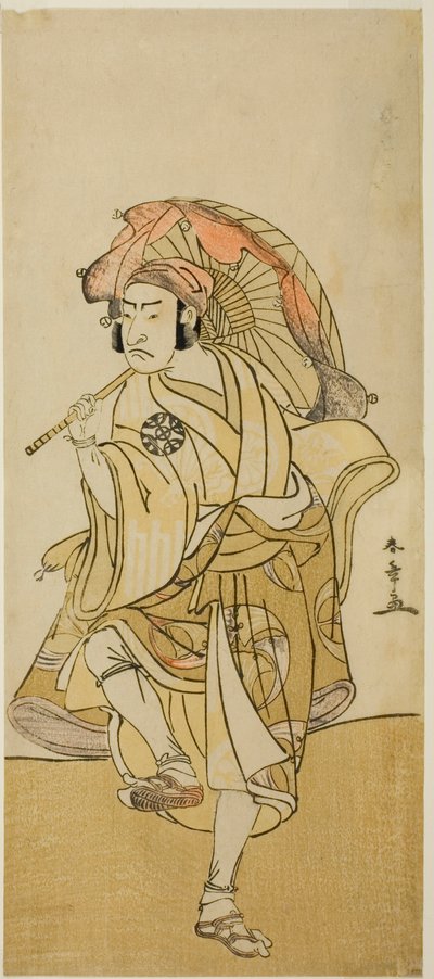 El actor Nakamura Nakazo I como Onmaya Kisanda disfrazado de Kakubei el bailarín de leones en la obra Chigo Torii Tobiiri Kitsune, representada en el Teatro Ichimura en el undécimo mes, 1777 de Katsukawa Shunsho