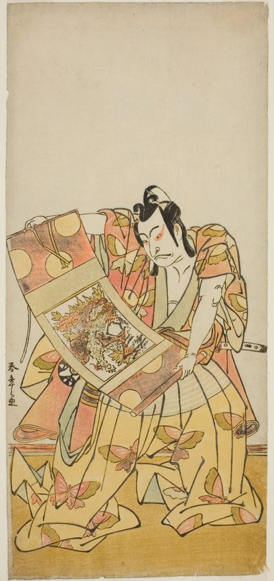 El actor Nakamura Nakazo I como Soga no Goro Tokimune en la obra Kazoe Uta Ta Ue Soga, representada en el Teatro Nakamura en el primer mes de 1776 de Katsukawa Shunsho