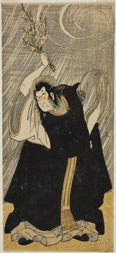 El actor Nakamura Nakazo I como el dios del trueno, una encarnación de Kan Shojo, en la obra "Sugawara Denju Tenarai Kagami," representada en el Teatro Morita en el tercer mes de 1780 de Katsukawa Shunsho