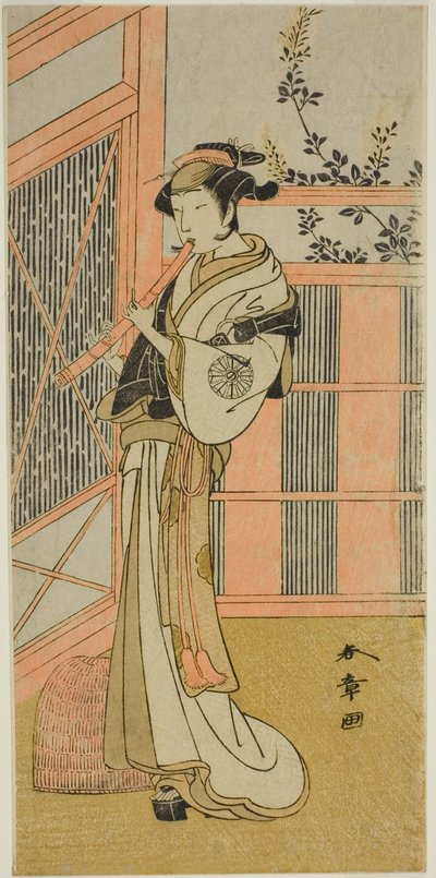 El actor Nakamura Noshio I como Misao disfrazado de Komuso en la obra Kosode-gura no Tekubari, representada en el Teatro Morita en el segundo mes, 1772 (?) de Katsukawa Shunsho