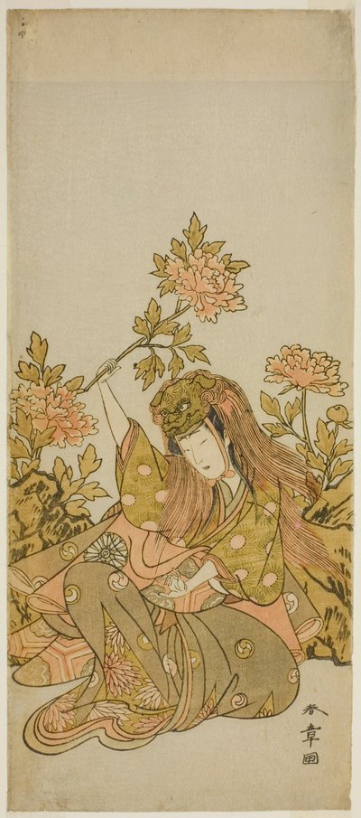 El actor Nakamura Noshio I en un "Shak-kyo Odori" (Danza del Puente de Piedra), en la obra Onna Aruji Hatsuyuki no Sekai, representada en el Teatro Morita en el undécimo mes, 1773 de Katsukawa Shunsho