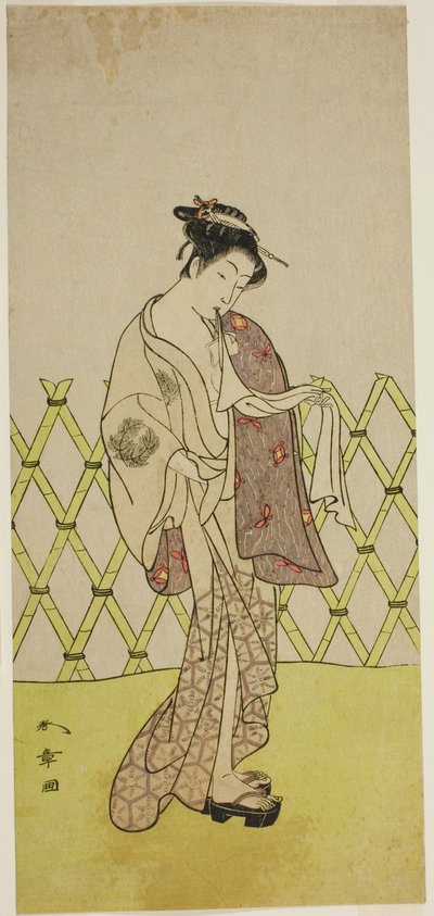 El actor Nakamura Riko I como Hakata no Kojoro (?) en la obra Shitenno-ji Nobori Kuyo, representada en el Teatro Ichimura en el octavo mes de 1773 de Katsukawa Shunsho