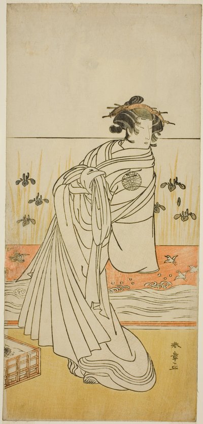 El actor Nakamura Tomijuro I como la cortesana Toyama en la obra Koi Nyobo Somewake Tazuna, representada en el Teatro Nakamura en el noveno mes, 1777 de Katsukawa Shunsho