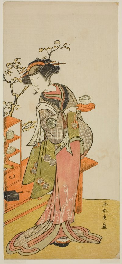 El actor Nakamura Tomijuro I como la camarera Otake en la obra Chigo Suzuri Aoyagi Soga, representada en el Teatro Nakamura en el primer mes de 1777 de Katsukawa Shunsho