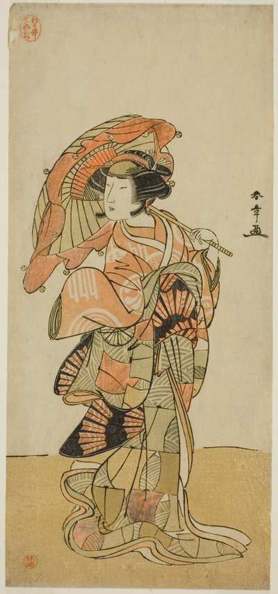 El actor Nakamura Tomijuro I como la zorra hembra del monte Ubagadake en la obra "Chigo Torii Tobiiri Kitsune," representada en el Teatro Ichimura en el undécimo mes, 1777 de Katsukawa Shunsho