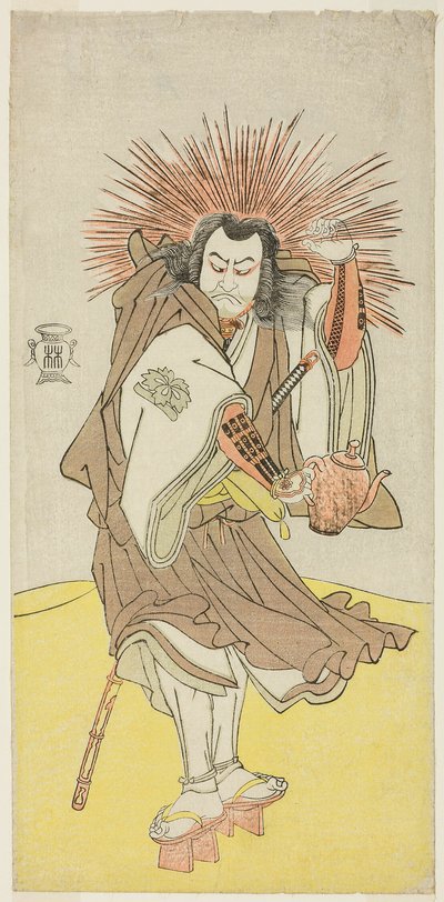 El actor Nakayama Kojuro VI como Osada no Taro Kagemune (en realidad Hatcho Tsubute no Kiheiji), disfrazado de farolero del santuario de Gion, en el tercer acto de la primera parte de la obra Yukimotsu Take Furisode Genji (Bambú cubierto de nieve: Genji en de Katsukawa Shunsho