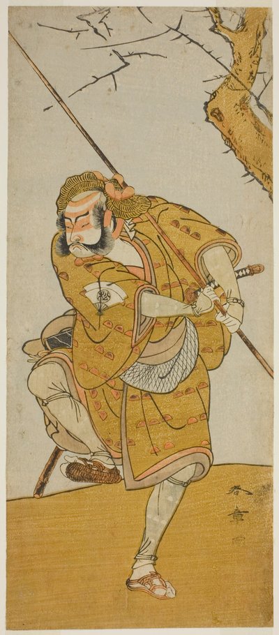 El actor Onoe Matsusuke I como Kobayashi no Asahina disfrazado de cazador de pájaros en la obra Edo no Haru Meisho Soga, representada en el Teatro Ichimura en el tercer mes de 1773 de Katsukawa Shunsho