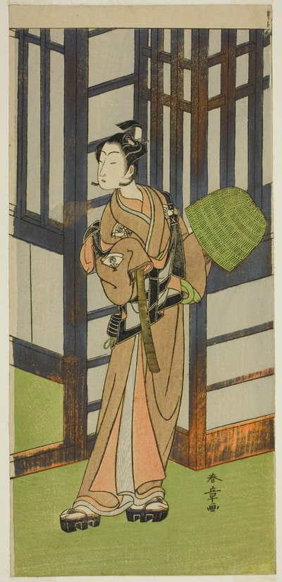 El actor Onoe Tamizo I como Kewaizaka no Shosho disfrazado de Komuso en la obra Furisode Kisaragi Soga, representada en el Teatro Ichimura en el segundo mes, 1772 de Katsukawa Shunsho