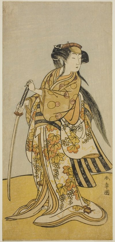 El Actor Onoe Tamizo I como Kureha (?) en la Obra Shusse Taiheiki (?), Representada en el Teatro Nakamura (?) en el Mes Ocho, 1775 (?) de Katsukawa Shunsho