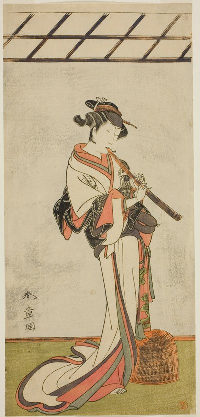 El actor Onoe Tamizo I como Oiso no Tora o Kewaizaka no Shosho, disfrazado de Komusu femenino (?), en la obra Yui Kanoko Date-zome Soga (?), representada en el Teatro Ichimura (?) en el primer mes, 1774 (?) de Katsukawa Shunsho
