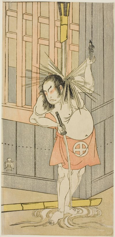 El actor Otani Hiroji III, posiblemente como Akaneya Hanshichi en la obra Fuji no Yuki Kaikei Soga (Nieve en el Monte Fuji: La venganza de los Soga), representada en el Teatro Ichimura desde el decimoquinto día del primer mes, 1770 de Katsukawa Shunsho