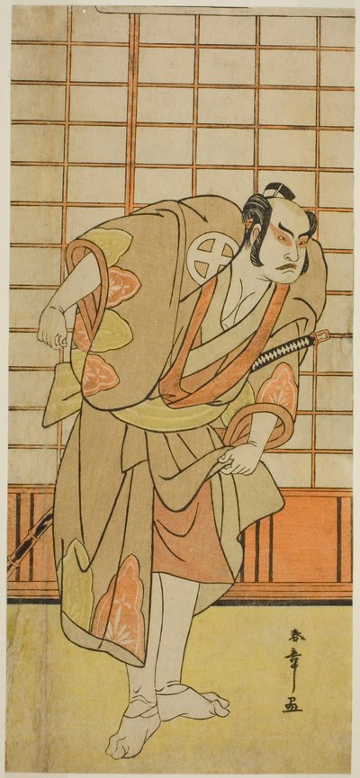 El actor Otani Hiroji III como Hata no Daizen Taketora disfrazado de Shikishima Wakahei en la obra Juni-hitoe Komachi-zakura, representada en el Teatro Kiri en el undécimo mes de 1784. de Katsukawa Shunsho