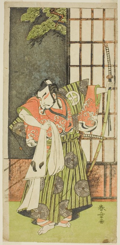 El actor Otani Hiroji III como Kawazu no Saburo en la obra Myoto-giku Izu no Kisewata, representada en el Teatro Ichimura en el undécimo mes, 1770 de Katsukawa Shunsho