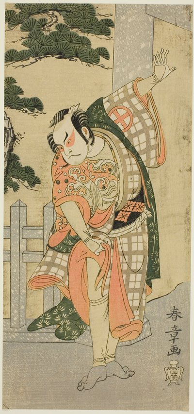 El actor Otani Hiroji III en una pose escénica (Mie) frente a una puerta de santuario de Katsukawa Shunsho