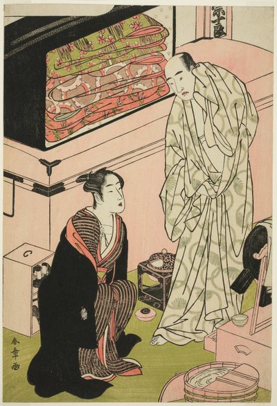 El actor Sawamura Sojuro III (derecha), en su camerino conversando con el actor Segawa Kikunojo III (izquierda) de Katsukawa Shunsho
