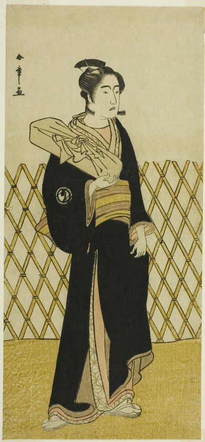 El actor Sawamura Sojuro III como el peluquero Jirokichi en la obra Shida Choja-bashira, representada en el Teatro Nakamura en el octavo mes de 1781 de Katsukawa Shunsho