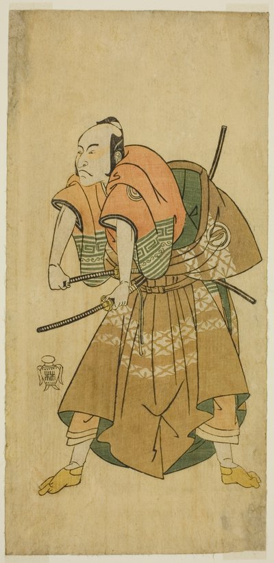 El actor Sawamura Sojuro II como Omi no Kotoda (?) en la obra Shuen Soga Omugaeshi (?), representada en el Teatro Ichimura (?) en el segundo mes, 1768 (?) de Katsukawa Shunsho