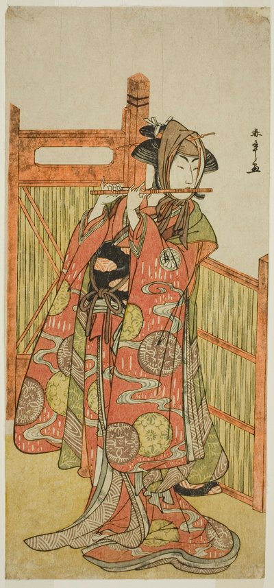 El actor Segawa Kikunojo III como Kojoro-gitsune disfrazado de la florista Okiku en la obra Mure Takamatsu Yuki no Shirahata, representada en el Teatro Ichimura en el undécimo mes, 1780 de Katsukawa Shunsho
