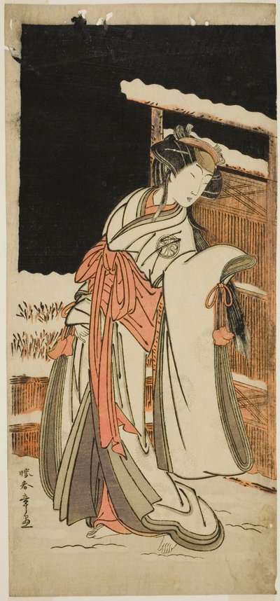El actor Segawa Kikunojo III como Lady Shizuka (Shizkua Gozen) disfrazado de Tamazusa en la obra Chigo Torii Tobiiri Kitsune, representada en el Teatro Ichimura en el undécimo mes, 1777 de Katsukawa Shunsho