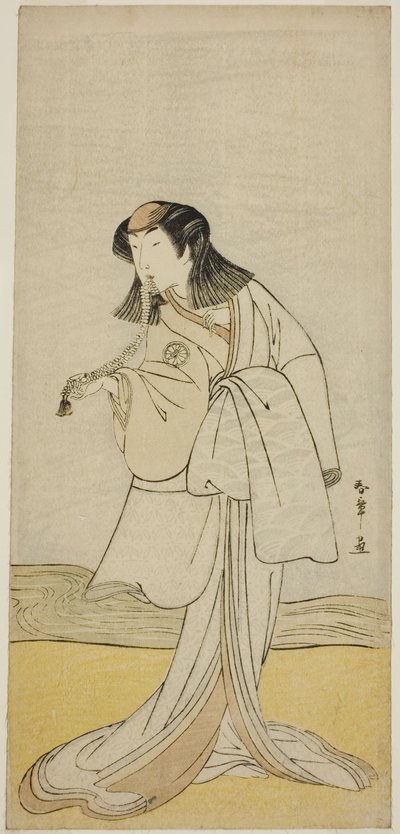 El actor Segawa Kikunojo III como Miura no Katagai disfrazado de la monja Narukami, en la obra Ume-goyomi Akebono Soga, representada en el Teatro Ichimura en el segundo mes, 1780 de Katsukawa Shunsho