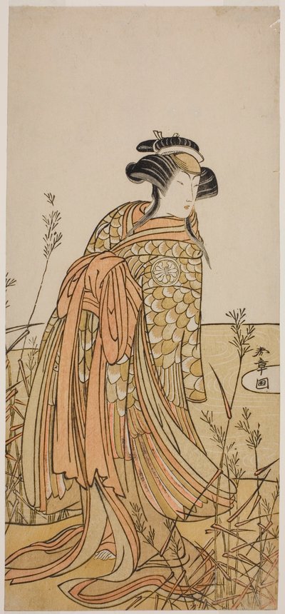 El actor Segawa Kikunojo III como espíritu de un pato mandarín (Oshidori) disfrazado de Tagasode, en la obra Hana-zumo Genji Hiiki, representada en el Teatro Nakamura en el undécimo mes, 1775 de Katsukawa Shunsho