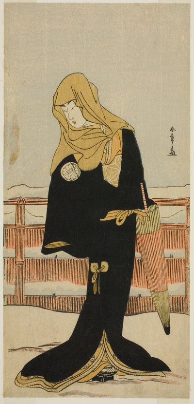 El actor Segawa Kikunojo III como la dama de compañía Suho disfrazada de Tsunokuniya Tsuna, en la obra Shitenno Tonoi no Kisewata, representada en el Teatro Nakamura en el undécimo mes de 1781 de Katsukawa Shunsho