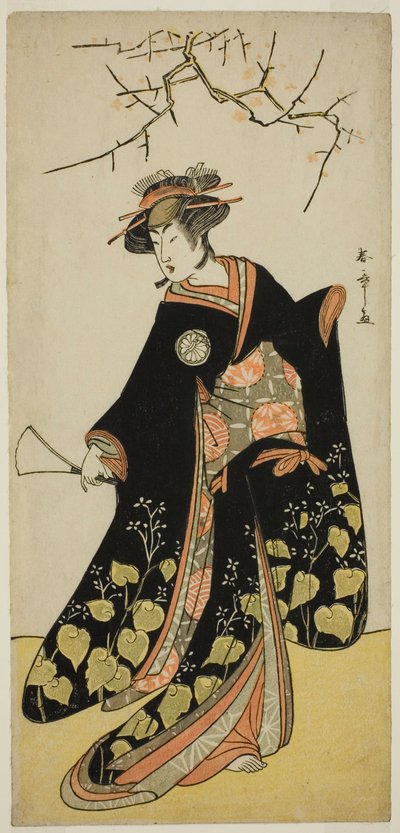 El actor Segawa Kikunojo III como el espíritu de Joro-gumo (Araña Ramera) disfrazado de la Maiko Tsumagiku, en la obra Shitenno Tonoi no Kisewata, representada en el Teatro Nakamura en el undécimo mes, 1781 de Katsukawa Shunsho