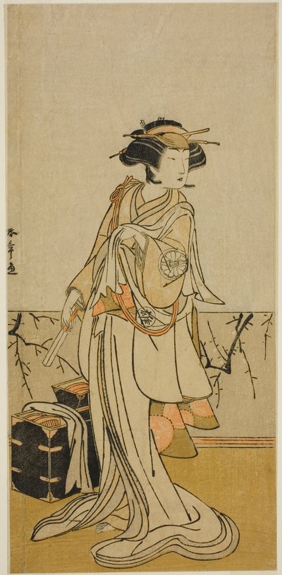 El actor Segawa Yujiro I como Osai, una peluquera, en la obra Kamuri Kotoba Soga no Yukari, representada en el Teatro Ichimura en el primer mes, 1776 de Katsukawa Shunsho