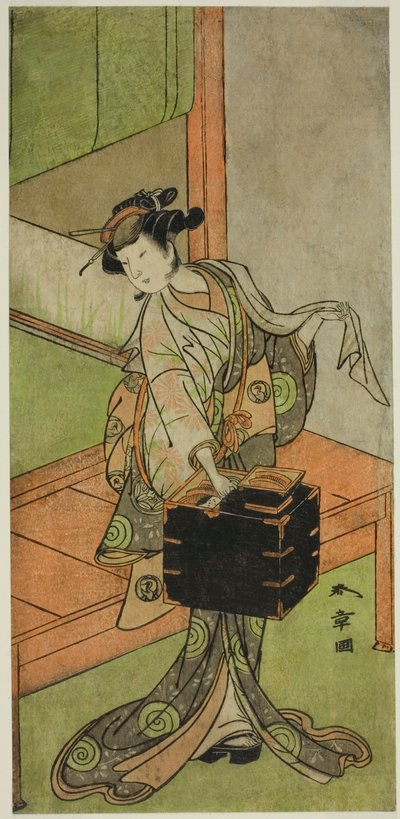 El actor Yamashita Kinsaku II como Miyagino disfrazado de peluquero en la obra Kosode-gura no Tekubari, presentada en el Teatro Morita en el segundo mes, 1772 (?) de Katsukawa Shunsho