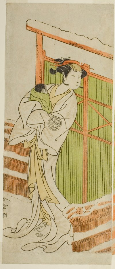 El actor Yamashita Kinsaku II como Moshio en la obra Izu-goyomi Shibai no Ganjitsu, representada en el Teatro Morita en el undécimo mes, 1772 de Katsukawa Shunsho