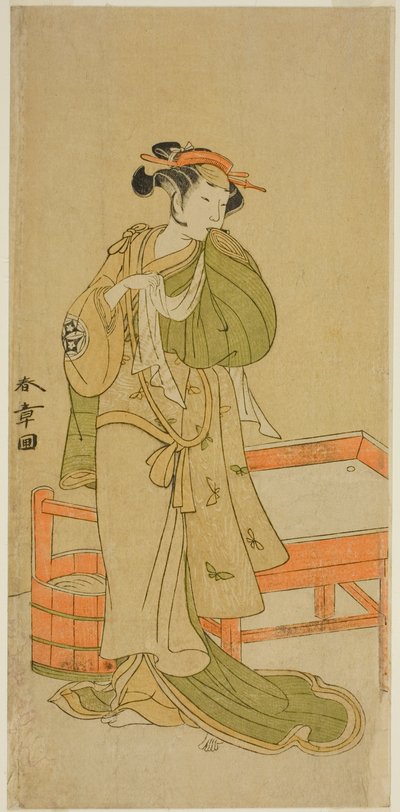 El actor Yamashita Kinsaku II como Moshio en la obra Izu-goyomi Shibai no Ganjitsu, representada en el Teatro Morita en el undécimo mes de 1772 de Katsukawa Shunsho