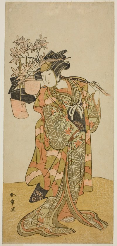 El actor Yamashita Kinsaku II como Odai, un vendedor de Eboshi (sombrero), en la obra Hana-zumo Genji Hiiki, representada en el Teatro Nakamura en el undécimo mes, 1775 de Katsukawa Shunsho