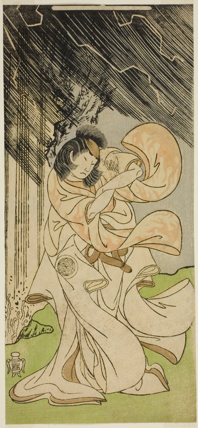 El actor Yamashita Kinsaku II como una diosa del trueno en la obra Onna Narukami, representada en el Teatro Morita en el primer mes de 1770 de Katsukawa Shunsho