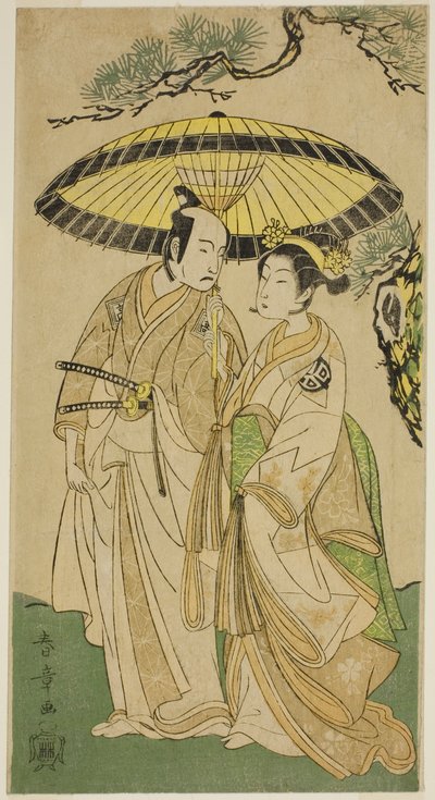 Los actores Arashi Hinaji I (derecha) e Ichikawa Komazo II (izquierda), como la princesa Sakura (¿Sakura Hime?) y Shimizu Tonoinosuke (?), en la obra Soga Moyo Aigo no Wakamatsu (?), representada en el Teatro Nakamura (?) en el tercer mes de 1769 (?) de Katsukawa Shunsho