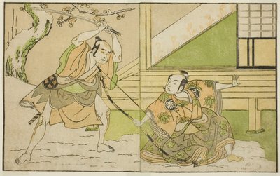 Los actores Arashi Sangoro II como Hojo Tokiyori (derecha) y Otani Hiroji III como Koga Saburo (izquierda), en la obra Kono Hana Yotsugi no Hachi no Ki, representada en el Teatro Ichimura en el undécimo mes, 1771 de Katsukawa Shunsho