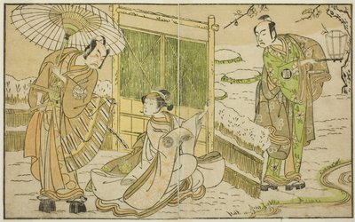 Los actores Arashi Sangoro II como Minamoto no Yoritomo (derecha), Segawa Kikunojo II como Yuki Onna (centro), e Ichimura Uzaemon IX como Kajiwara Genta no Kagetoki, en la obra Myoto-giku Izu no Kisewata, representada en el Teatro Ichimura en el undécimo m de Katsukawa Shunsho