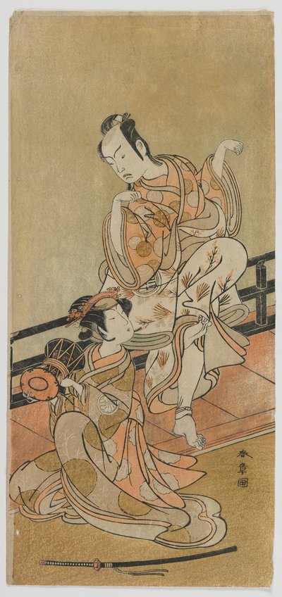 Los actores Arashi Sangoro II como Tadanobu y Segawa Kikunojo III como Shizuka Gozen en la obra Yoshitsune y los mil cerezos, periodo Edo de Katsukawa Shunsho