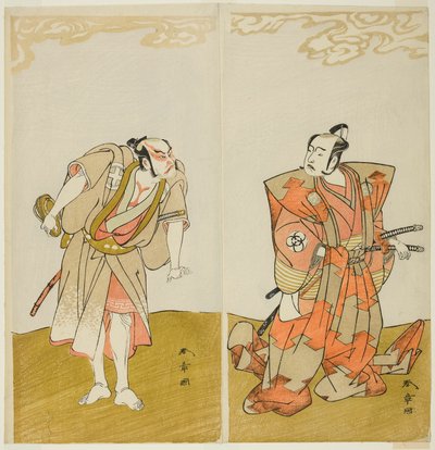 Los actores Bando Mitsugoro I como Hata no Kawakatsu (derecha) y Otani Hiroemon III como el sirviente (Yakko) Gansuke (izquierda), en la obra Miya-bashira Iwao no Butai, representada en el Teatro Morita desde el día quince de t de Katsukawa Shunsho