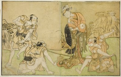 Los actores Bando Zenji I como Nagahashi Saburo, Iwai Hanshiro IV como Otatsu-gitsune, Nakamura Konozo como Hagai Ujitsune y un actor no identificado (de derecha a izquierda), en la obra Nue no Mori Ichiyo no Mato, representada en el Teatro Nakamura en el  de Katsukawa Shunsho