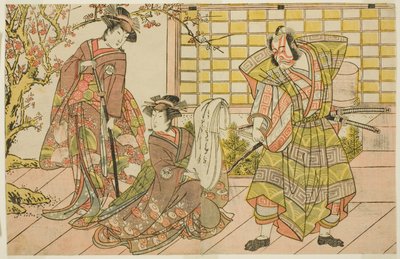 Los Actores Ichikawa Danjuro V como Miura Kunitae (derecha), Segawa Kikunojo III como Yasukata (centro), e Iwai Hanshiro IV como Utou (izquierda), en la Obra Godai Genji Mitsugi no Furisode, Representada en el Teatro Nakamura en el Undécimo Mes, 1782 de Katsukawa Shunsho