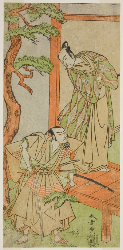 Los actores Ichikawa Danjuro V como Momonoi Wakasanosuke (derecha), y Nakamura Nakazo I como Kakogawa Honzo (izquierda), en la obra Kanadehon Chushingura, representada en el Teatro Nakamura en el quinto mes de 1771 de Katsukawa Shunsho