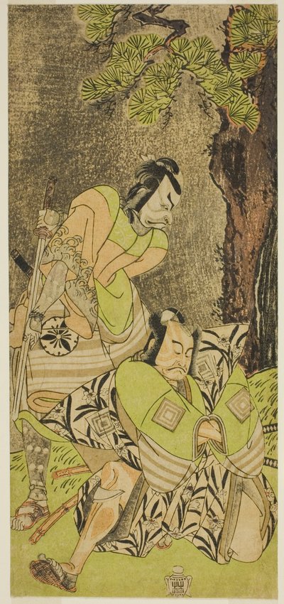 Los actores Ichikawa Danzo III como I no Hayata Tadazumi (derecha), y Matsumoto Koshiro II como Osada no Taro Kagemune (izquierda), en la obra Nue no Mori Ichiyo no Mato, representada en el Teatro Nakamura en el undécimo mes, 1770 de Katsukawa Shunsho