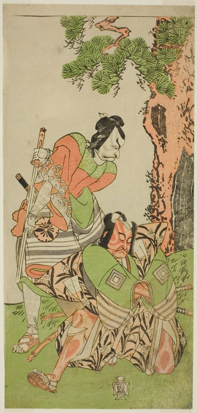 Los actores Ichikawa Danzo III como I no Hayata Tadazumi (derecha), y Matsumoto Koshiro II como Osada no Taro Kagemune disfrazado de Yatsurugi Zaemon (izquierda), en la obra Nue no Mori Ichiyo no Mato, representada en el Teatro Nakamura en el undécimo mes, de Katsukawa Shunsho