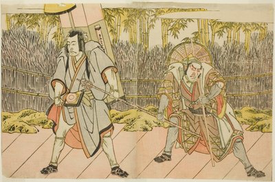 Los actores Ichikawa Danzo IV como Arakawa Taro Takesada disfrazado de portador de palanquín Tarobei (derecha), e Ichikawa Danjuro V como Abe no Sadato disfrazado de peregrino Kuriyagawa Jirodayu (izquierda), en la obra Godai Genji Mitsugi no Furisode, rep de Katsukawa Shunsho