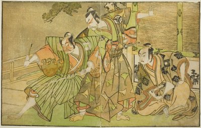 Los actores Ichikawa Komazo II como Minamoto no Yorimasa (derecha), Matsumoto Koshiro II como Osada no Taro Kagemune disfrazado de Yatsurugi Zaemon (centro), e Ichikawa Danzo III como I no Hayata Tadazumi (izquierda), en la obra Nue no Mori Ichiyo no Mato, de Katsukawa Shunsho