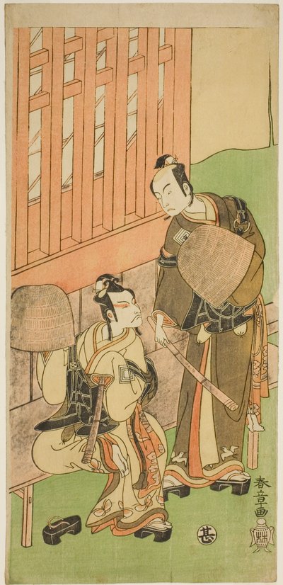 Los actores Ichikawa Komazo II como Soga no Juro Sukenari (derecha), e Ichikawa Danjuro V como Soga no Goro Tokimune (izquierda), con atuendos de Komuso, en la obra Sakaicho Soga Nendaiki, representada en el Teatro Nakamura en el primer mes, 1771 de Katsukawa Shunsho