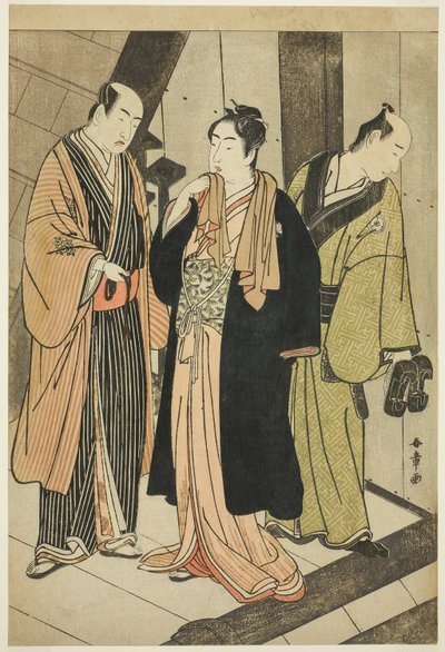 Los actores Ichikawa Monnosuke II (izquierda), Iwai Hanshiro IV (centro), e Iwai Karumo (?) (derecha), en un desembarco tras bastidores de Katsukawa Shunsho