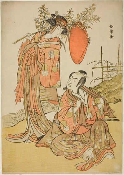 Los actores Ichikawa Monnosuke II y Segawa Kikunojo III como los amantes Seijuro (derecha) y Onatsu (izquierda), en la escena de fuga "Michiyuki Hiyoku no Kiku-cho" (Una fuga: Pájaros del amor crisantemo y mariposa), un interludio de danza de la segunda pa de Katsukawa Shunsho