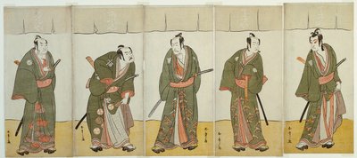 Los actores Ichikawa Monnosuke II como Karigane Bunshichi, Bando Mitsugoro I como An no Heibei, Ichikawa Danjuro V como Gokuin Sen